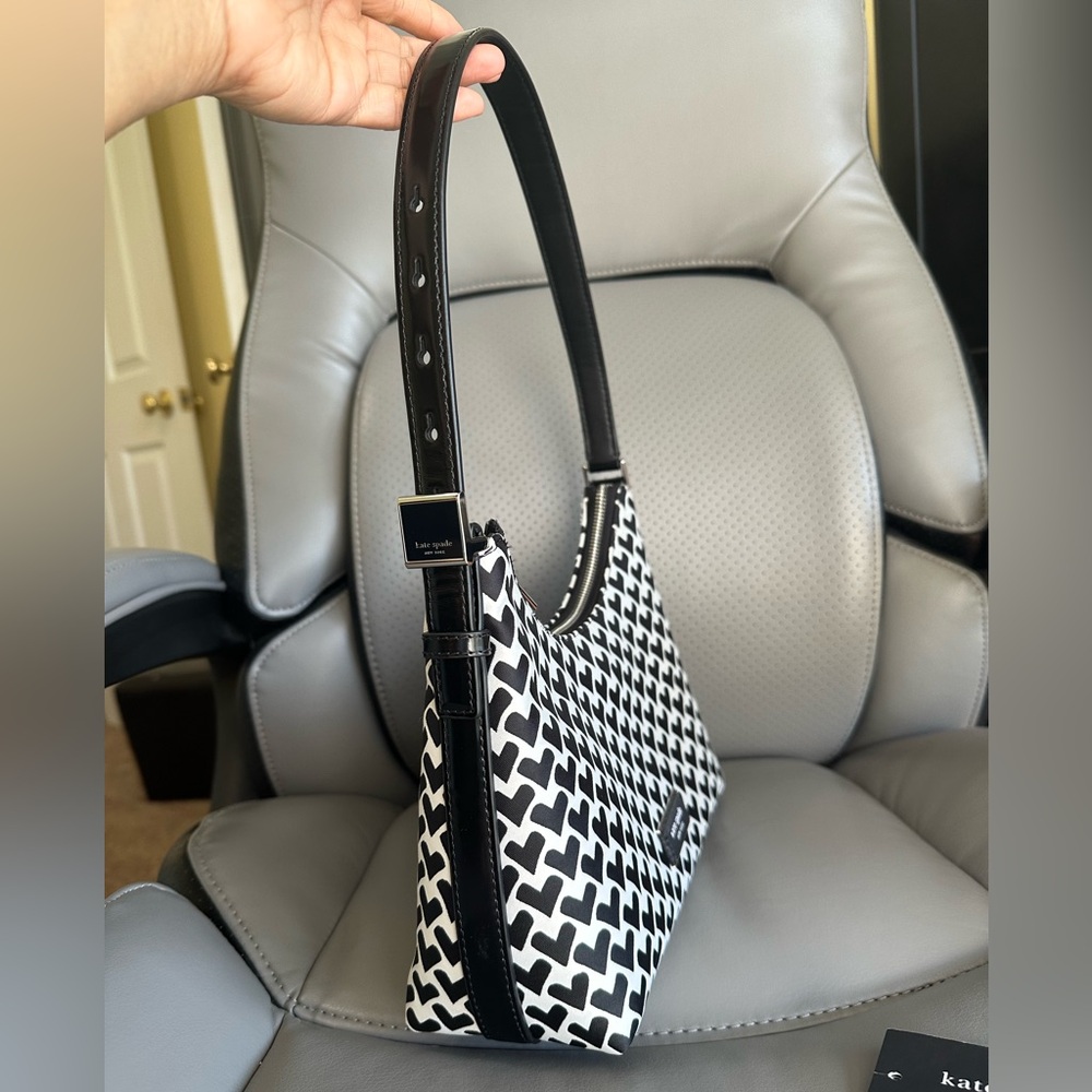 #63. Kate Spade Sam Icon Modernist Hearts Jacquard Shoulder Bag, Cream Black,NWT - Picture 8 of 15